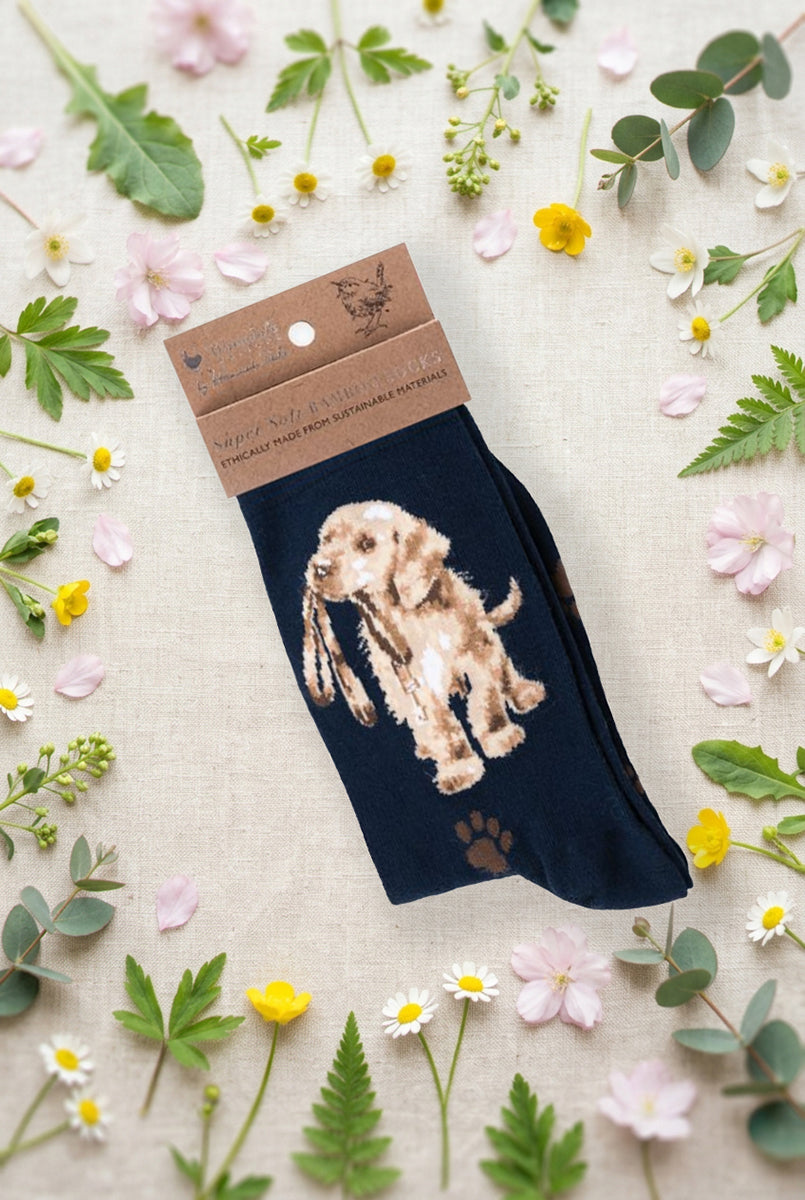 Calza da donna Wrendale Designs in bambù blu navy con cucciolo di labrador ricamato e impronte di zampa, fotografata su sfondo primaverile con fiori e foglie.