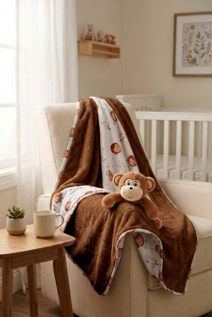 Copertina con scimmietta marrone su poltrona da allattamento in nursery inondata di luce calda