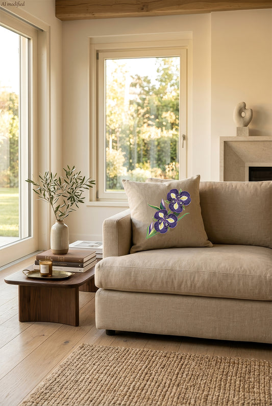 Cuscino in lino beige con ricamo a rilievo di iris viola, personalizzabile appoggiato su un divano chiaro in un ambiente caldo e naturale, molto luminoso