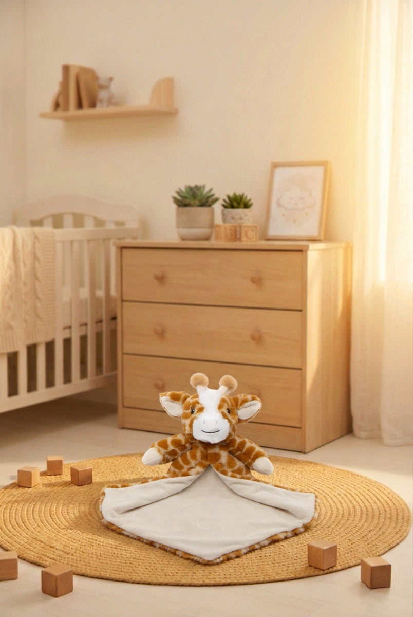 Doudou-peluche giraffa Juniper personalizzato con ricamo, appoggiato su un tappeto gioco in una nursery inondata di luce calda
