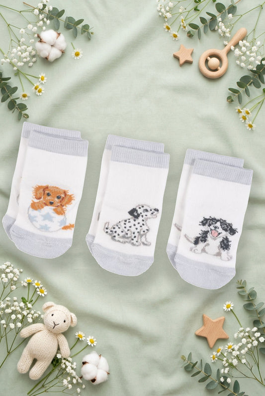 Tre paia di calzini da neonato Wrendale Designs in bianco con polsino grigio, ciascuno ricamato con cucciolo dalmata, cucciolo nel guscio o cagnolino nero e bianco, mostrati su sfondo verde salvia primaverile con foglie, fiori e giochini.