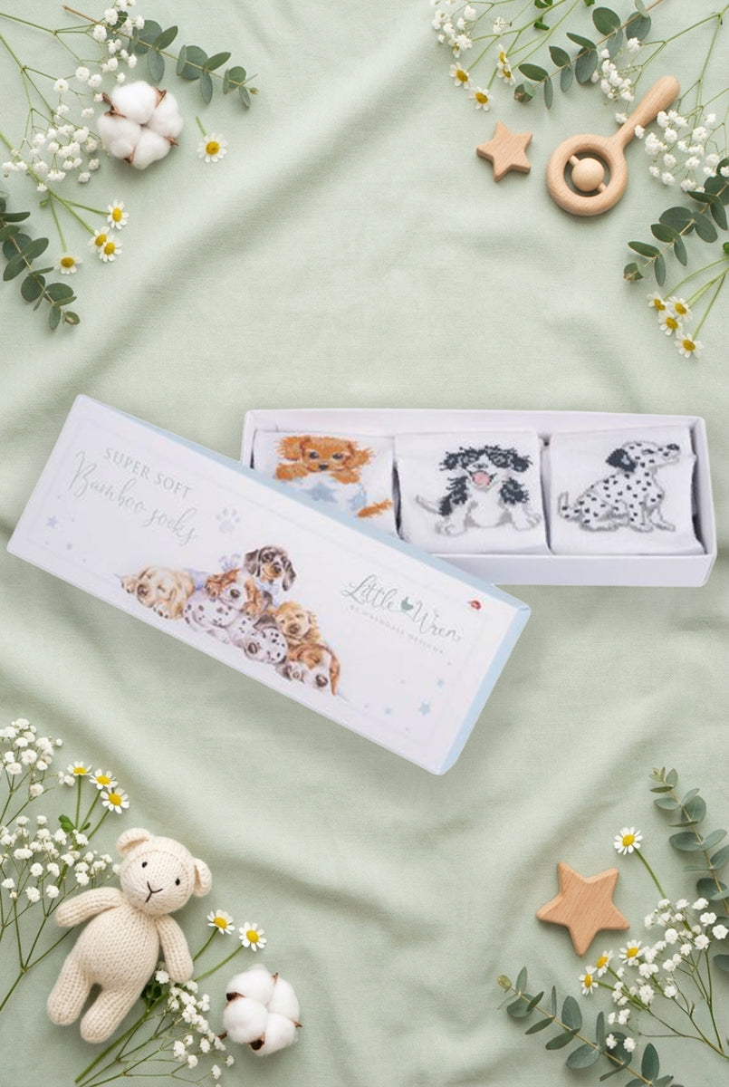 Scatolina regalo Wrendale Designs per neonati decorata con cuccioli di cane, contenente tre paia di calzini bianchi con ricami di cagnolino nel guscio, dalmata e cucciolo nero e bianco, posizionata su fondo verde salvia primaverile con foglie, fiori e giochini.