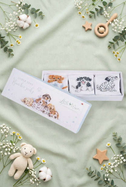 Scatolina regalo Wrendale Designs per neonati decorata con cuccioli di cane, contenente tre paia di calzini bianchi con ricami di cagnolino nel guscio, dalmata e cucciolo nero e bianco, posizionata su fondo verde salvia primaverile con foglie, fiori e giochini.