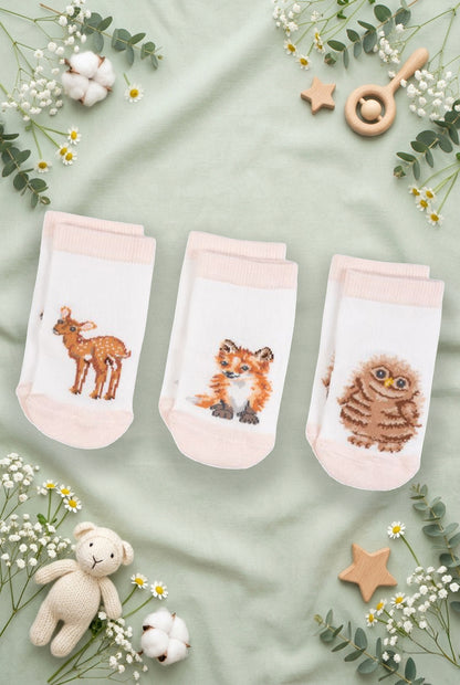 Tre paia di calzini da neonato Wrendale Designs in bianco con polsino rosa, ciascuno decorato con ricamo di cerbiatto, volpe o gufetto, mostrati su sfondo verde salvia primaverile con foglie, fiori e giochini.
