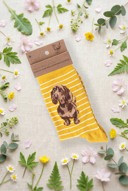 Calza da donna Wrendale Designs in bamboo giallo senape con dolce cucciolo di bassotto, ricamato, fotografata su sfondo primaverile con fiori e foglie.