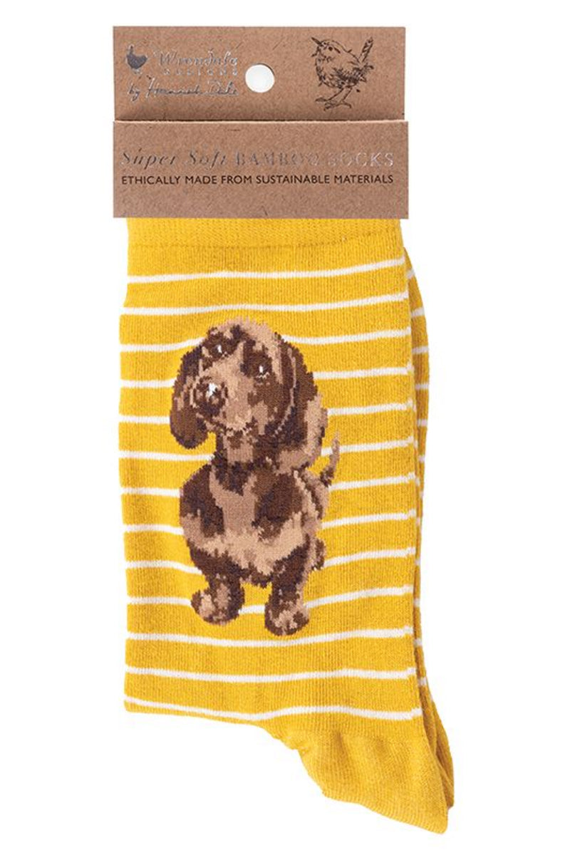 Calza da donna Wrendale Designs in bamboo giallo senape con dolce cucciolo di bassotto, ricamato, presentata con cartoncino kraft del brand su sfondo neutro.