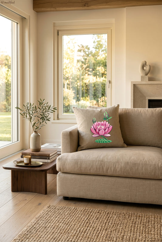 Cuscino in lino beige con ricamo a rilievo di loto rosa, personalizzabile appoggiato su un divano chiaro in un ambiente caldo e naturale, molto luminoso