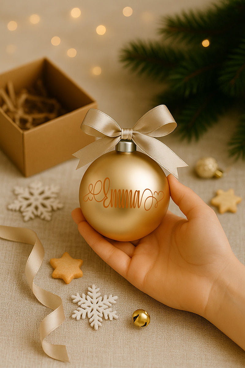 Pallina di Natale in vetro color champagne con fiocco elegante e personalizzazione in vinile color bronzo, fotografata su fondo festivo con luci soffuse e stelline.