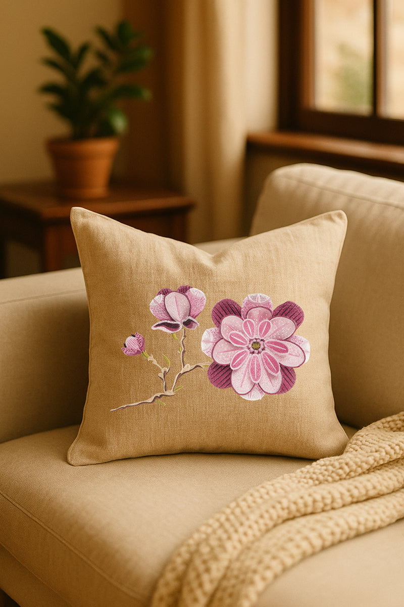 Cuscino decorativo in misto lino beige con ricamo 3D di magnolia rosa e boccioli, appoggiato su un divano chiaro in un ambiente caldo e naturale con pianta verde sullo sfondo.