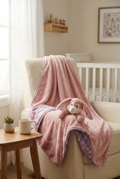 Copertina rosa coniglietta Mila su poltrona da allattamento in nursery, inondata di luce calda