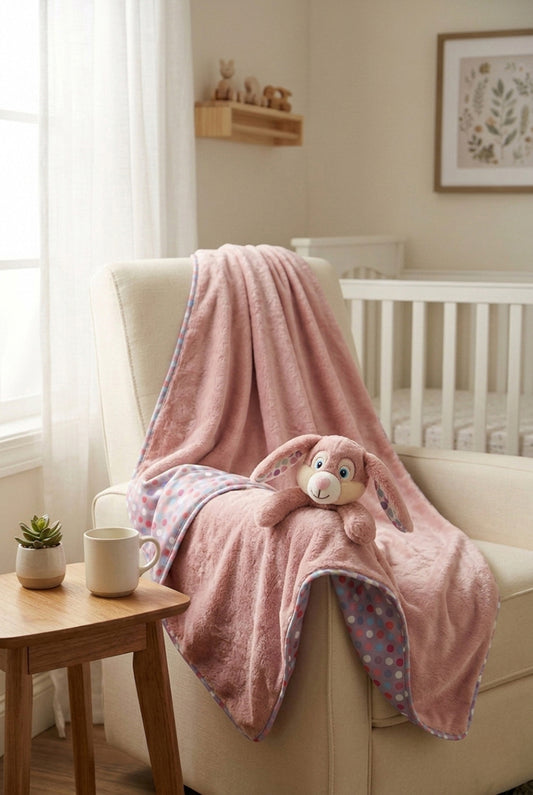 Copertina rosa coniglietta Mila su poltrona da allattamento in nursery, inondata di luce calda