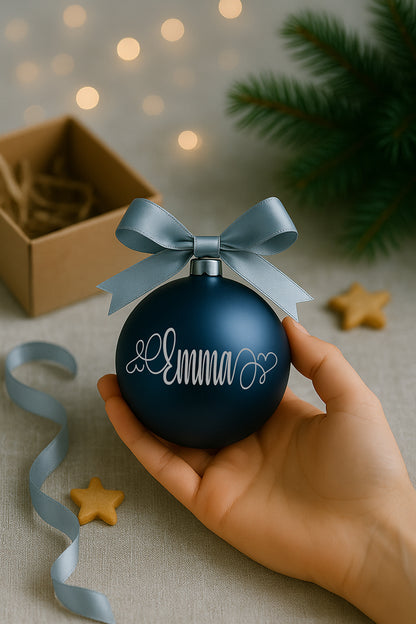 Pallina di Natale in vetro blu con fiocco elegante e personalizzazione in vinile color argento, fotografata su fondo festivo con luci soffuse.