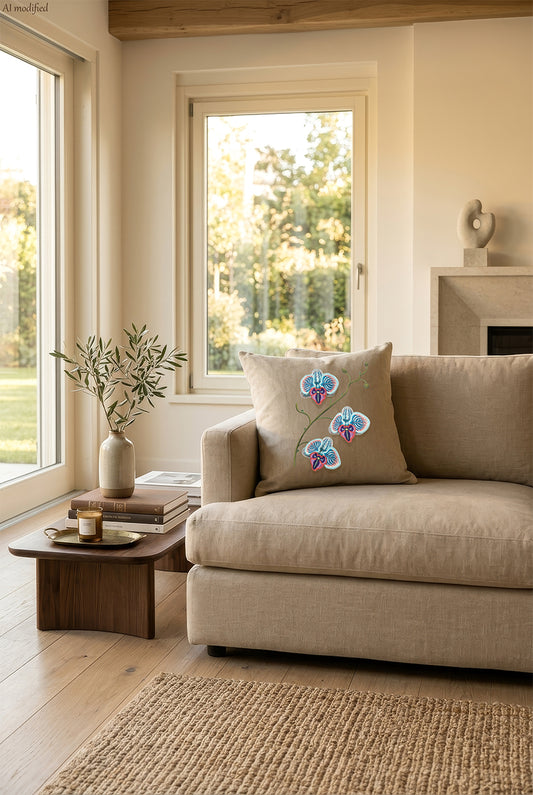 Cuscino in lino beige con ricamo a rilievo di orchidea blu, personalizzabile appoggiato su un divano chiaro in un ambiente caldo e naturale, molto luminoso