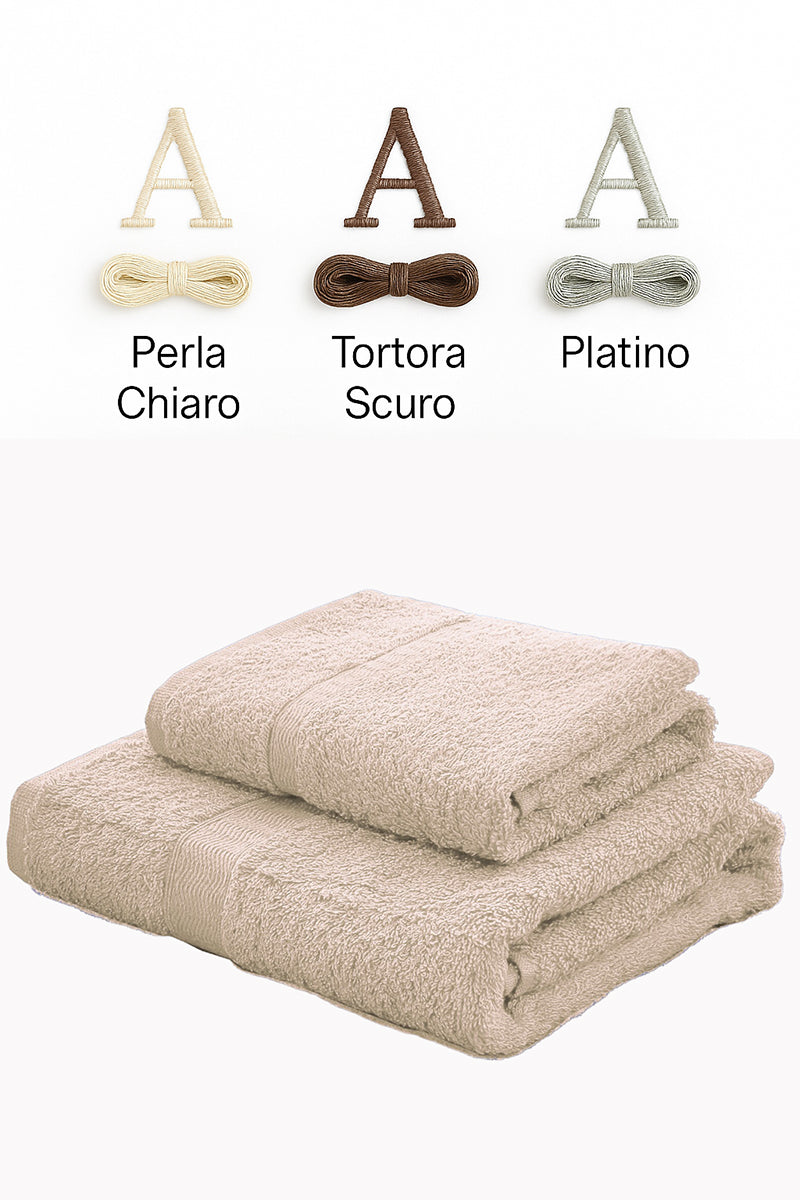 Palette abbinamento colori personalizzazione ricamata di set asciugamani in spugna gabel tinta unita greige