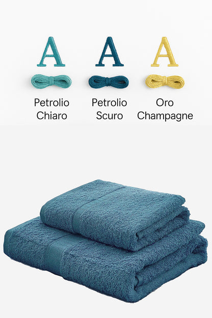 Palette abbinamento colori personalizzazione ricamata di set asciugamani in spugna gabel tinta unita ottanio