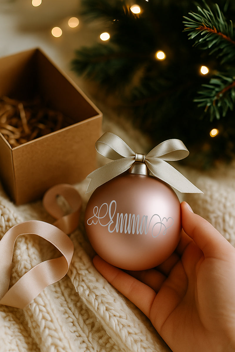 Pallina di Natale in vetro rosa con fiocco elegante e personalizzazione in vinile color argento, fotografata su fondo festivo con luci soffuse e coperta color panna.