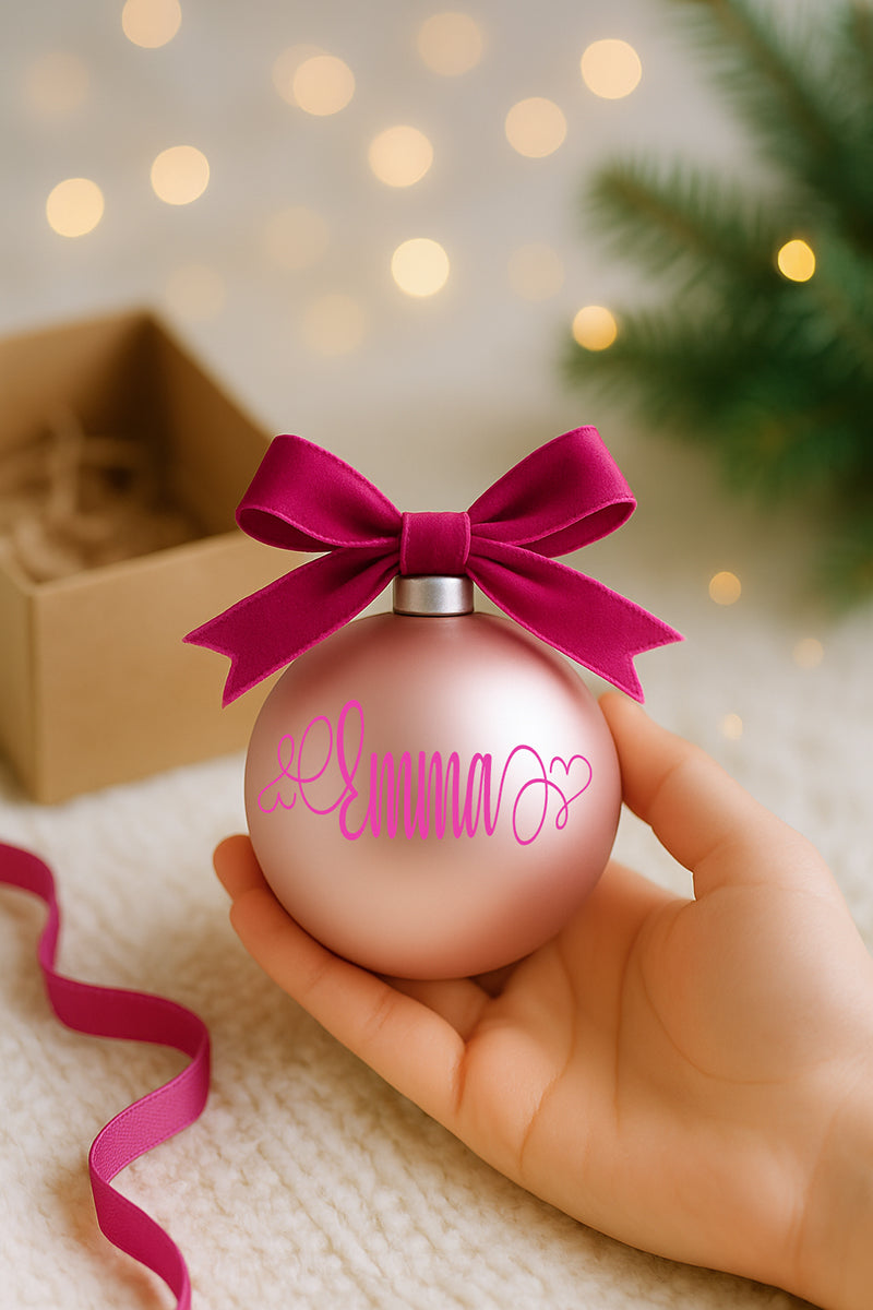 Pallina di Natale in vetro rosa con fiocco elegante e personalizzazione in vinile fucsia, fotografata su fondo festivo con luci soffuse.