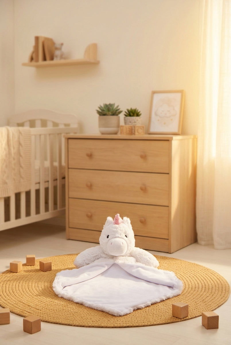 Doudou-peluche unicorno bianco Starflower personalizzato con ricamo, appoggiato su un tappeto gioco in una nursery inondata di luce calda