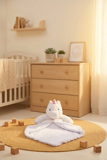 Doudou-peluche unicorno bianco Starflower personalizzato con ricamo, appoggiato su un tappeto gioco in una nursery inondata di luce calda