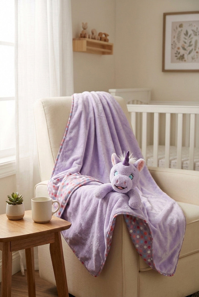 Copertina unicorno lilla su poltrona da allattamento in nursery dai colori chiari, illuminata da ampia finestra con tendaggi bianchi