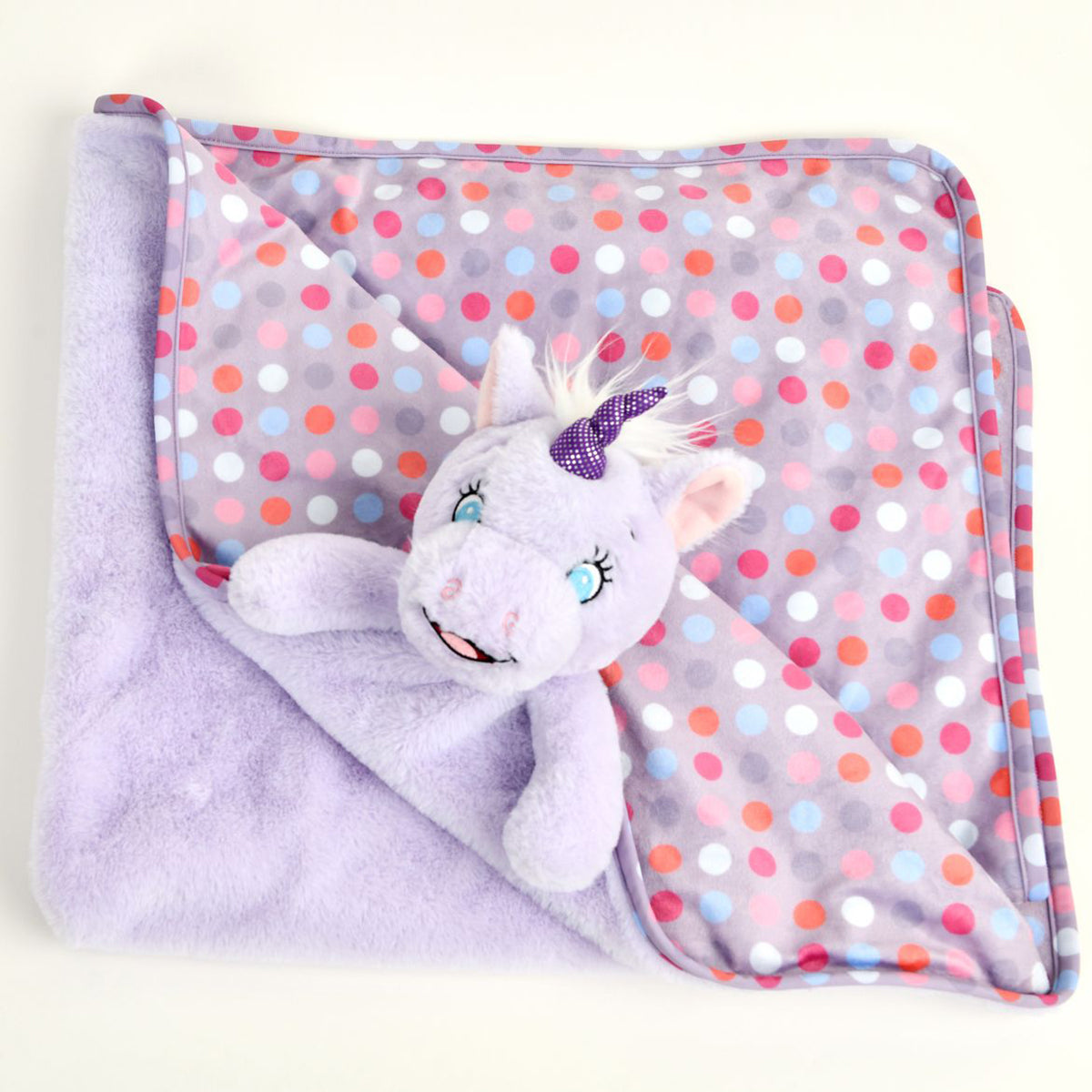 Copertina lilla con unicorno tridimensionale con criniera bianca, cornino viola e retro polka dots, personalizzata con ricamo artigianale