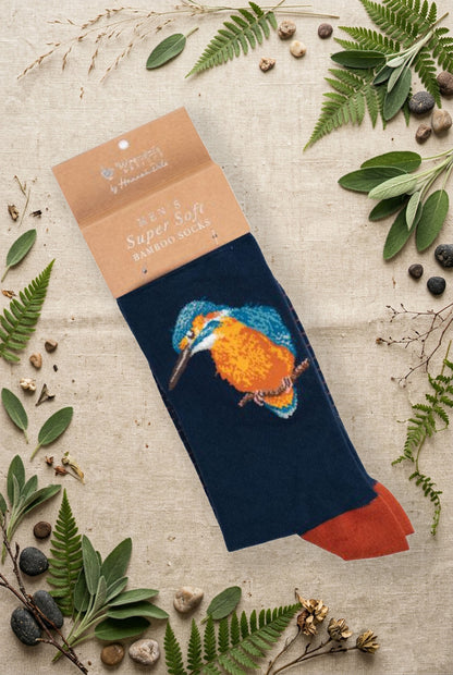 Calza da uomo Wrendale Designs in bambù blu navy con illustrazione di un Martin Pescatore posato su un ramo, fotografata su sfondo naturale primaverile.