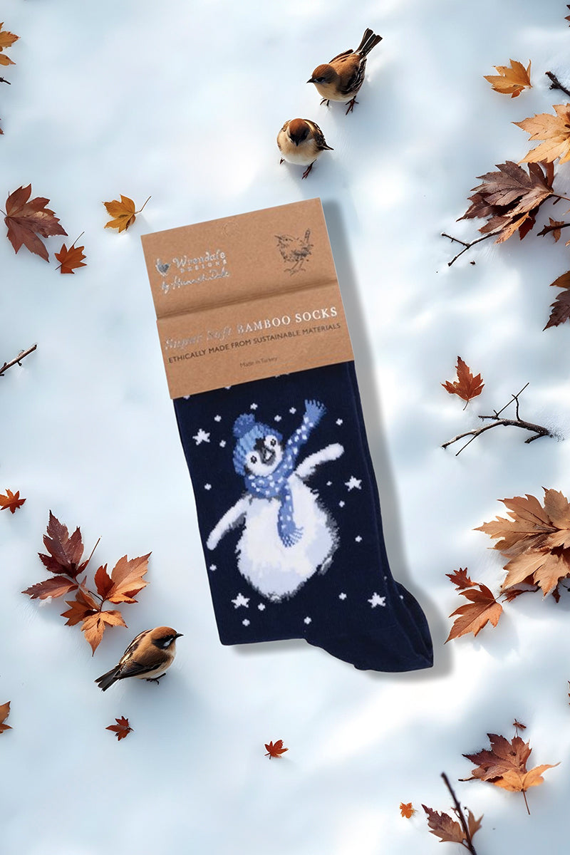 Calza da donna Wrendale Designs in bambù blu navy con pinguino invernale ricamato e stelline bianche, fotografata su sfondo invernale con neve, foglie secche e uccellini.