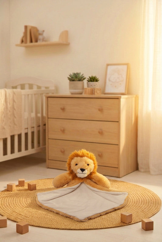 Doudou-peluche leone Zazu personalizzato con ricamo, appoggiato su un tappeto gioco in una nursery inondata di luce calda