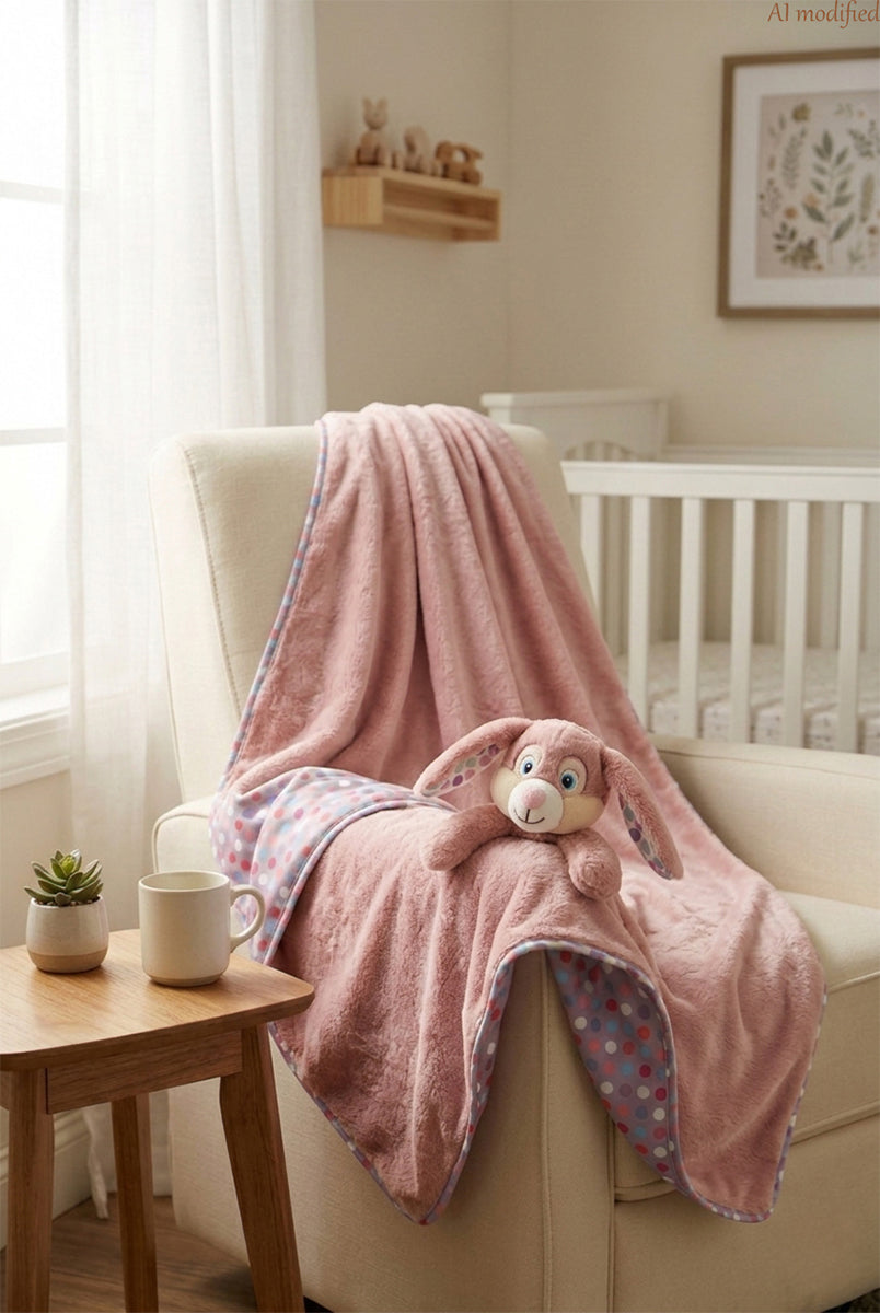 Copertina con coniglietta rosa su poltrona da allattamento in nursery inondata di luce calda