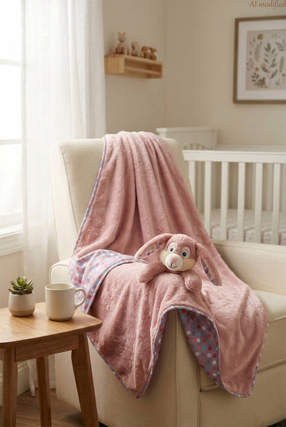 Copertina con coniglietta rosa su poltrona da allattamento in nursery inondata di luce calda