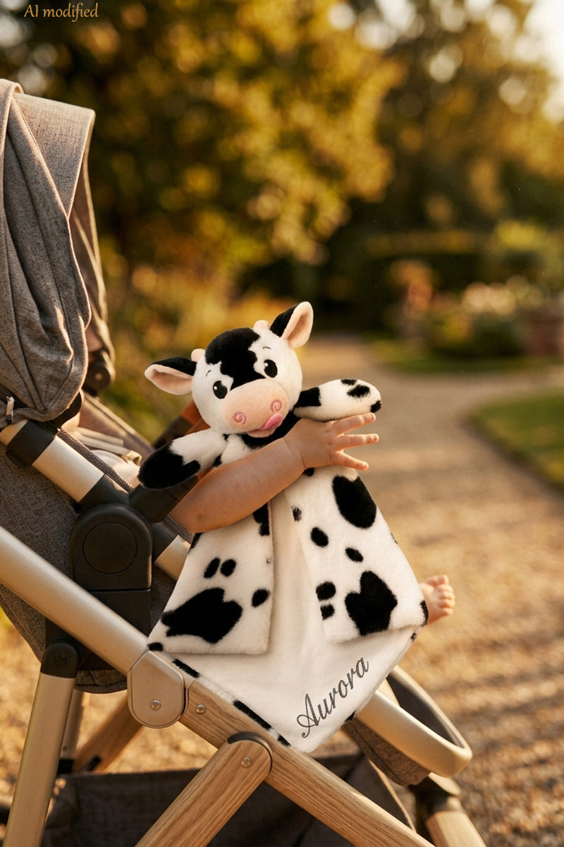 Doudou peluche personalizzato Piccoli Abbracci, Callie la mucca, ricamato con il nome del bambino, in braccio nel passeggino
