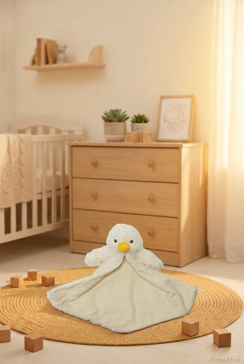 Doudou-peluche paperella Daisy personalizzato con ricamo, appoggiato su un tappeto gioco in una nursery inondata di luce calda
