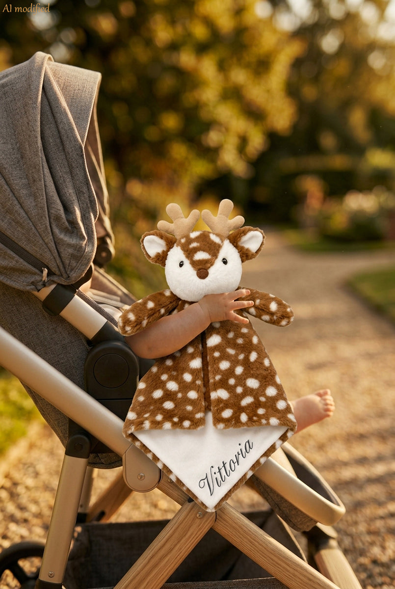 Doudou peluche personalizzato Piccoli Abbracci, Snowflake il cervo, ricamato con il nome del bambino, in braccio nel passeggino