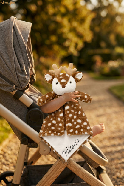 Doudou peluche personalizzato Piccoli Abbracci, Snowflake il cervo, ricamato con il nome del bambino, in braccio nel passeggino