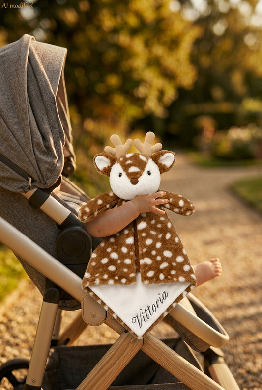 Doudou peluche personalizzato Piccoli Abbracci, Snowflake il cervo, ricamato con il nome del bambino, in braccio nel passeggino