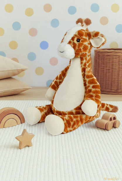 Juniper, la giraffa, peluche Cubbies personalizzabile con ricamo. Vista laterale ambientata 