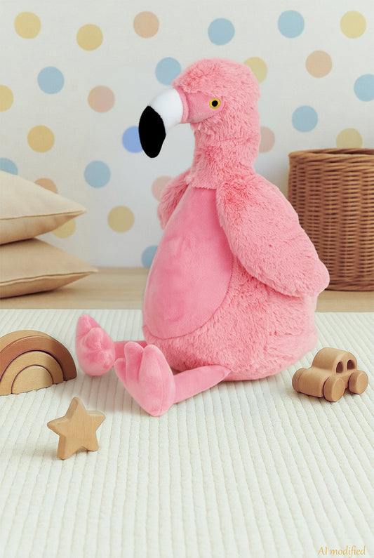 Strawberry, il fenicottero rosa, peluche Cubbies personalizzabile con ricamo, vista laterale ambientata